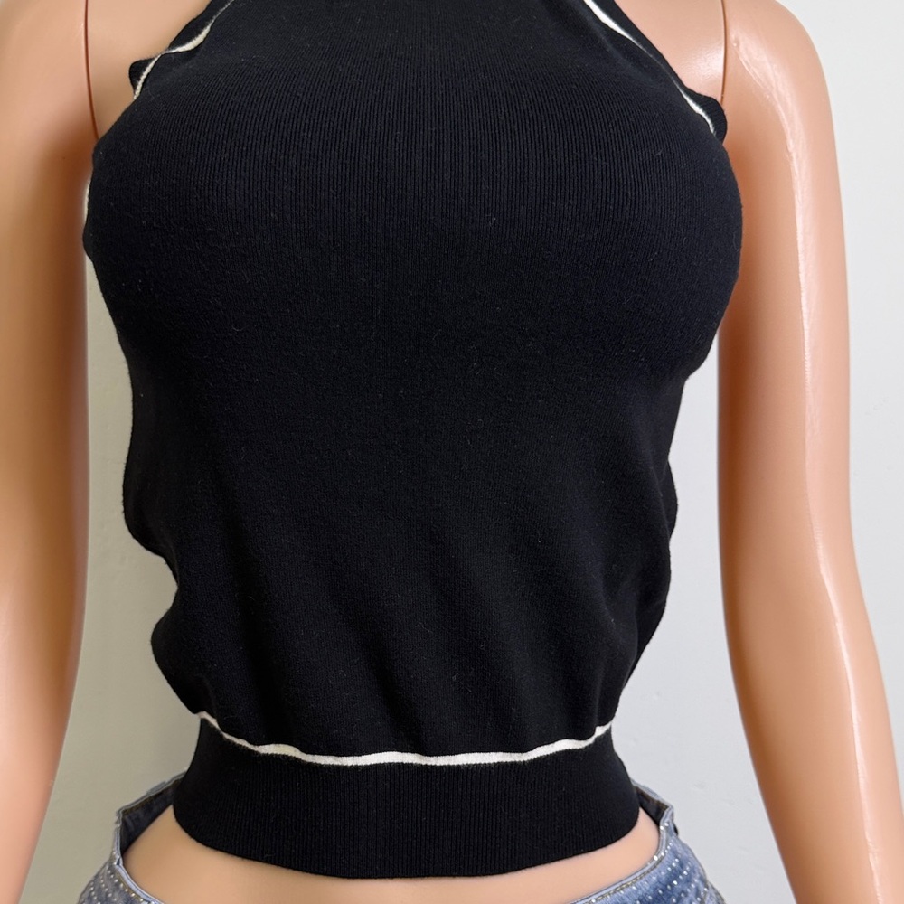 Mango Black Ribbed Halter Tank with White Trim